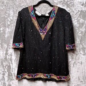 Laurence Kazar Black Bead Sequin V Neck Silk Blouse Top 1X Formal Cocktail Party